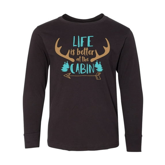 Inktastic Life Is Better At The Cabin, Deer Antlers, Camping Long Sleeve Youth T-Shirt