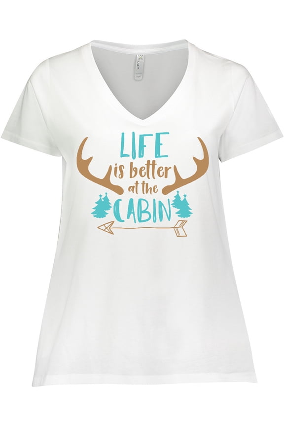 Life Is Better At The Cabin, Deer Antlers, Camping Women's Plus Size V-Neck T-Shirt
