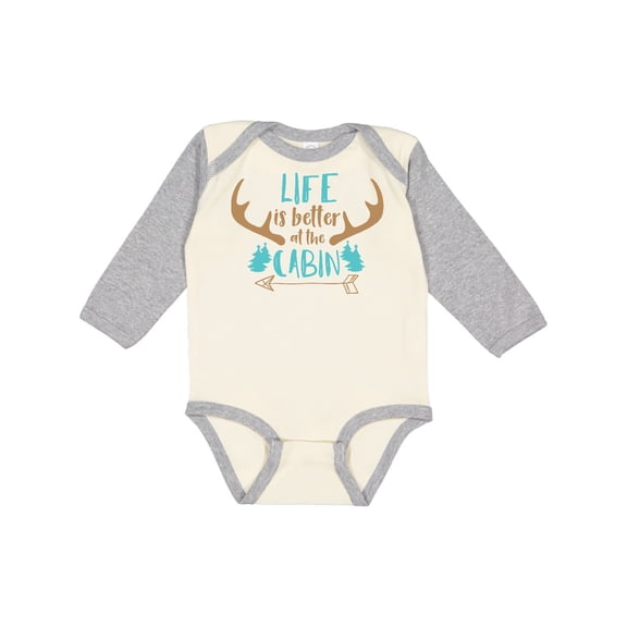 Inktastic Life is Better at the Cabin, Deer Antlers, Camping Boys or Girls Long Sleeve Baby Bodysuit