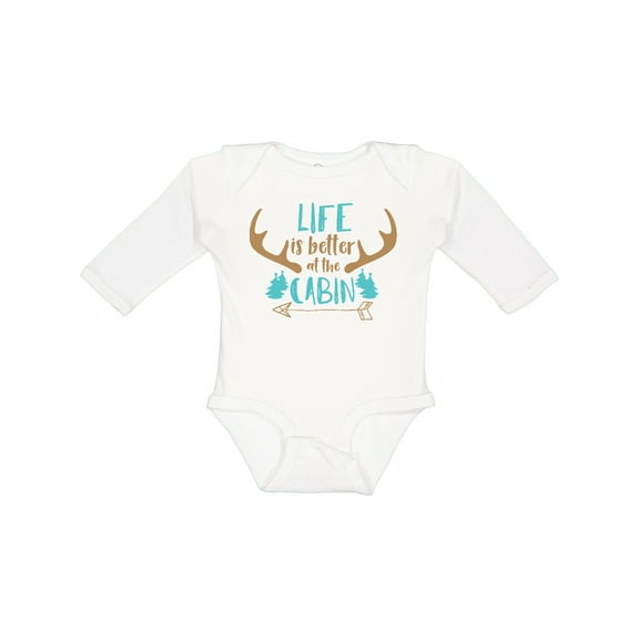 Inktastic Life is Better at the Cabin, Deer Antlers, Camping Boys or Girls Long Sleeve Baby Bodysuit