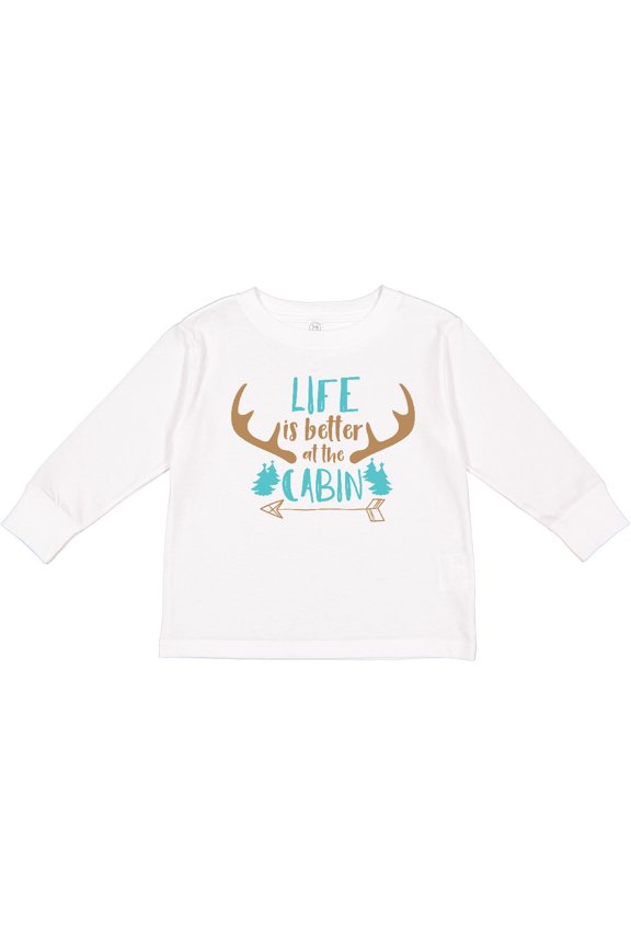 Life is Better at the Cabin, Deer Antlers, Camping Boys or Girls Long Sleeve Toddler T-Shirt