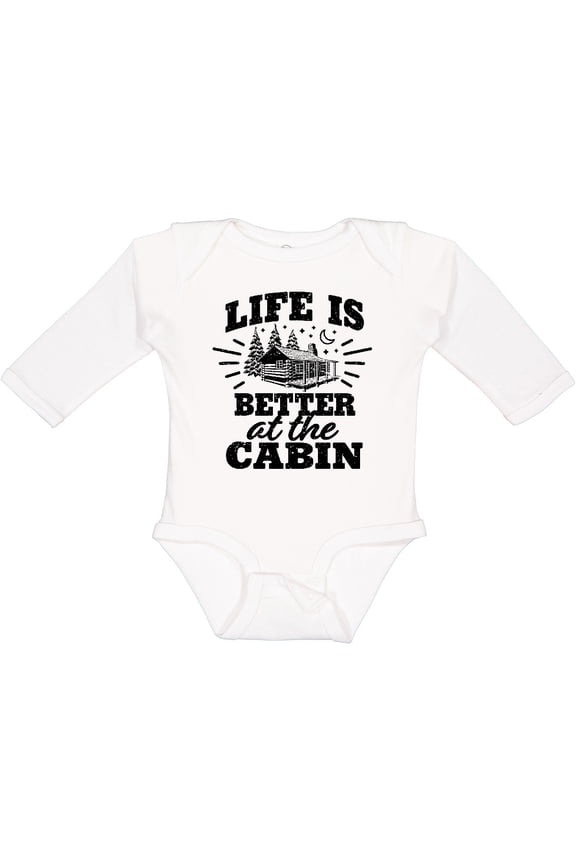 Life is Better at the Cabin with Trees and Moon Boys or Girls Long Sleeve Baby Bodysuit