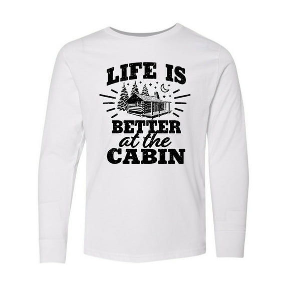 Inktastic Life is Better at the Cabin with Trees and Moon Long Sleeve Youth T-Shirt