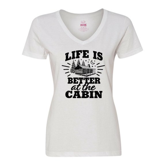 Inktastic Life is Better at the Cabin with Trees and Moon Women's V-Neck T-Shirt