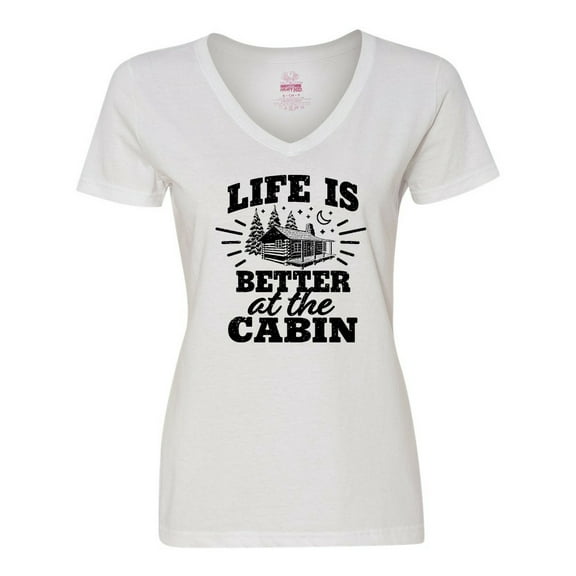 Inktastic Life is Better at the Cabin with Trees and Moon Women's V-Neck T-Shirt