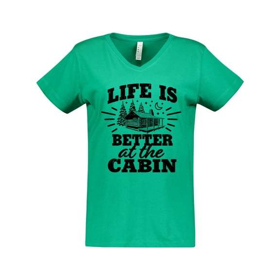 Inktastic Life is Better at the Cabin with Trees and Moon Women's V-Neck T-Shirt