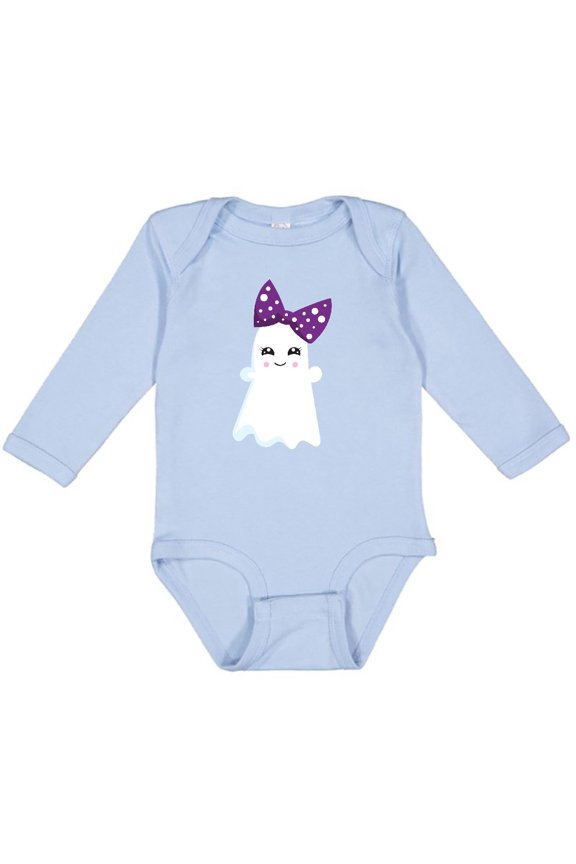 Little Ghost, Cute Ghost, Ribbon, Halloween Girls Long Sleeve Baby Bodysuit