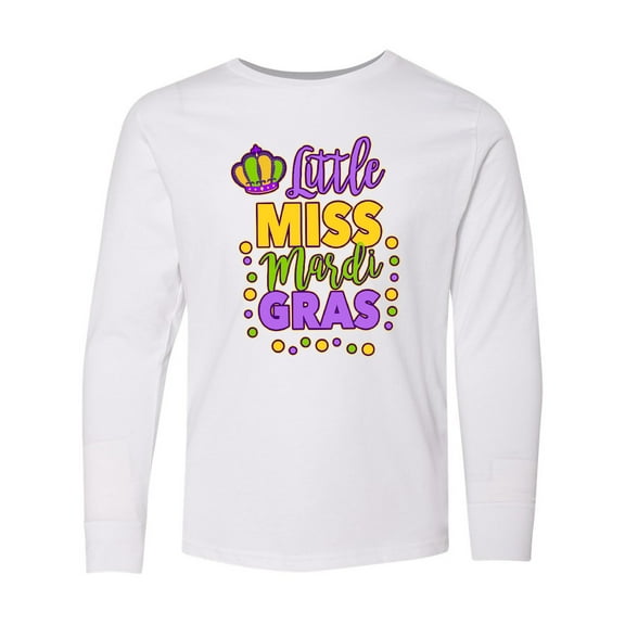 Inktastic Little Miss Mardi Gras with Crown and Dots Long Sleeve Youth T-Shirt