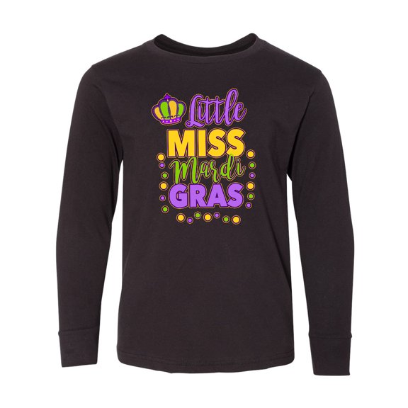 Inktastic Little Miss Mardi Gras with Crown and Dots Long Sleeve Youth T-Shirt
