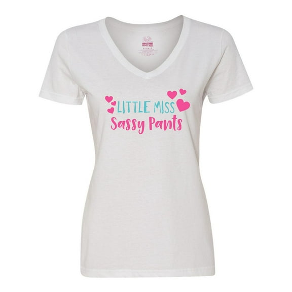 Inktastic Little Miss Sassy Pants, Hearts - Pink Blue Women's V-Neck T-Shirt