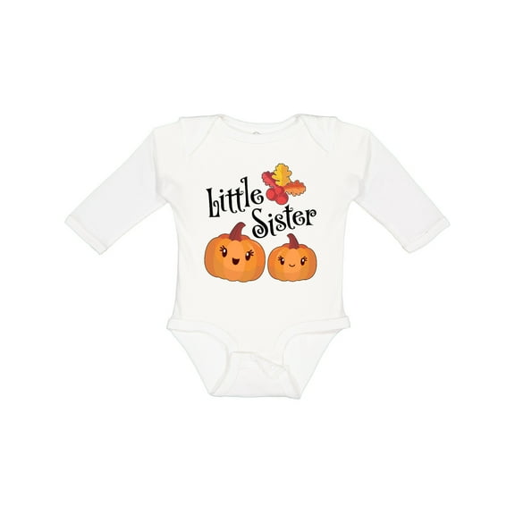 Inktastic Little Sister Pumpkins with Fall Leaves Girls Long Sleeve Baby Bodysuit