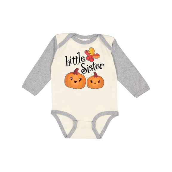 Inktastic Little Sister Pumpkins with Fall Leaves Girls Long Sleeve Baby Bodysuit