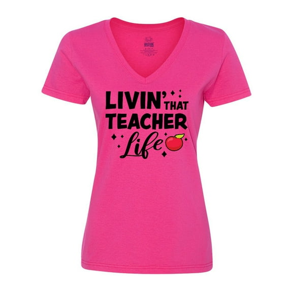 Inktastic Livin' That Teacher Life with Red Apple Women's V-Neck T-Shirt