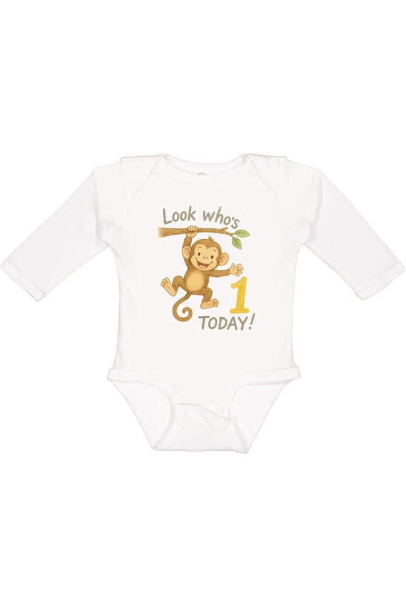 Look Who's One Monkey Birthday Boys or Girls Long Sleeve Baby Bodysuit