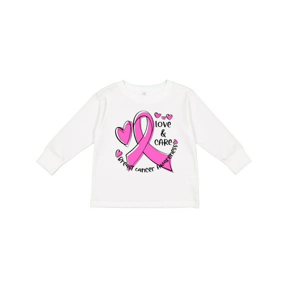Inktastic Love, Care, Cure Breast Cancer Awareness Pink Ribbon Boys or Girls Long Sleeve Toddler T-Shirt