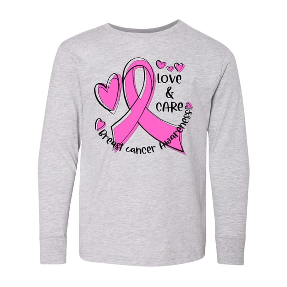 Inktastic Love, Care, Cure Breast Cancer Awareness Pink Ribbon Long Sleeve Youth T-Shirt