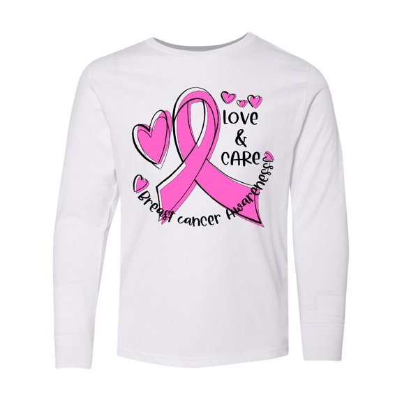 Inktastic Love, Care, Cure Breast Cancer Awareness Pink Ribbon Long Sleeve Youth T-Shirt