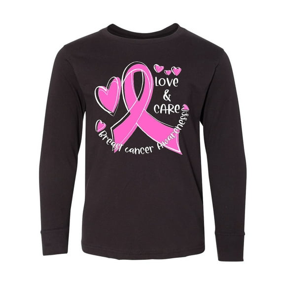Inktastic Love, Care, Cure Breast Cancer Awareness Pink Ribbon Long Sleeve Youth T-Shirt