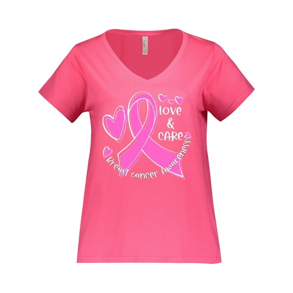 Inktastic Love, Care, Cure Breast Cancer Awareness Pink Ribbon Women's Plus Size V-Neck T-Shirt
