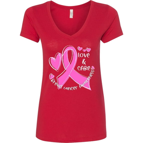 Inktastic Love, Care, Cure Breast Cancer Awareness Pink Ribbon Women's V-Neck T-Shirt