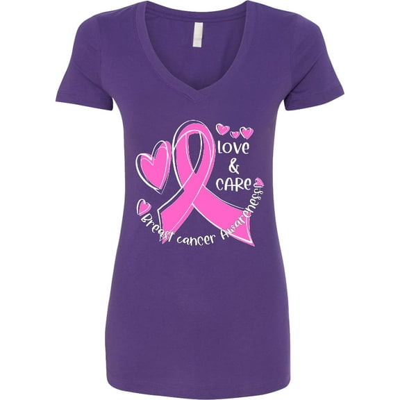 Inktastic Love, Care, Cure Breast Cancer Awareness Pink Ribbon Women's V-Neck T-Shirt