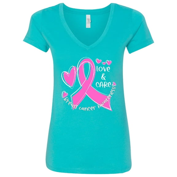 Inktastic Love, Care, Cure Breast Cancer Awareness Pink Ribbon Women's V-Neck T-Shirt