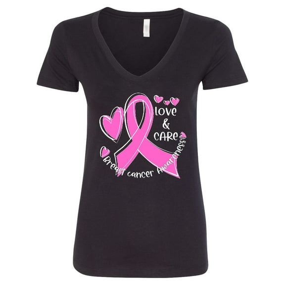 Inktastic Love, Care, Cure Breast Cancer Awareness Pink Ribbon Women's V-Neck T-Shirt