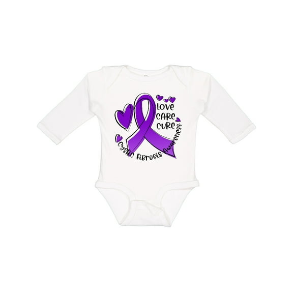 Inktastic Love, Care, Cure Cystic Fibrosis Awareness Purple Ribbon Boys or Girls Long Sleeve Baby Bodysuit