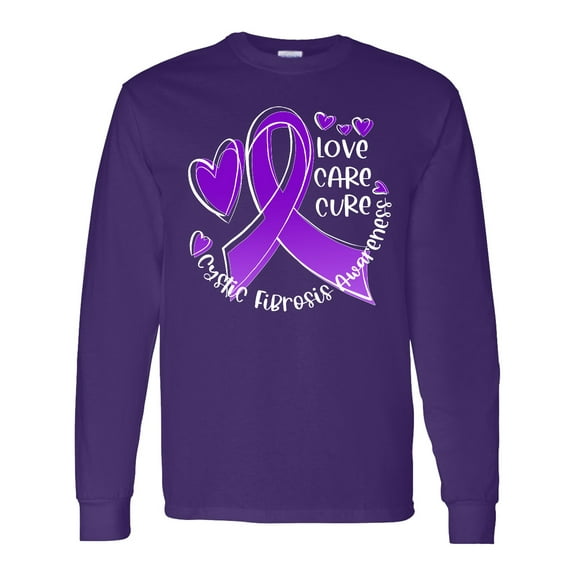 Inktastic Love, Care, Cure Cystic Fibrosis Awareness Purple Ribbon Long Sleeve T-Shirt