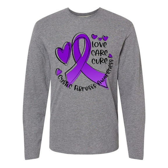 Inktastic Love, Care, Cure Cystic Fibrosis Awareness Purple Ribbon Long Sleeve T-Shirt