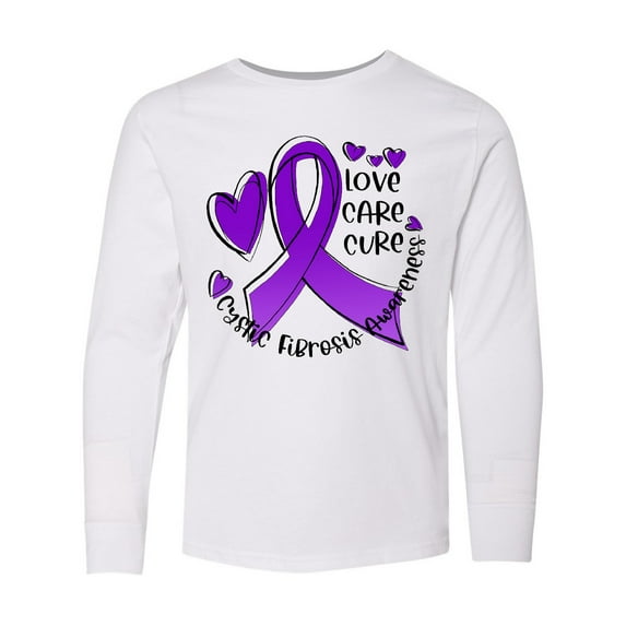 Inktastic Love, Care, Cure Cystic Fibrosis Awareness Purple Ribbon Long Sleeve Youth T-Shirt