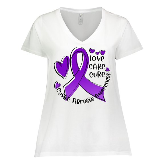 Inktastic Love, Care, Cure Cystic Fibrosis Awareness Purple Ribbon Women's Plus Size V-Neck T-Shirt