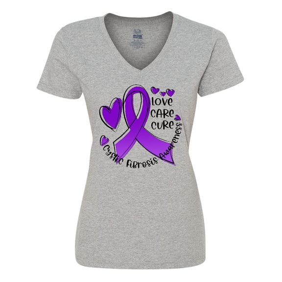 Inktastic Love, Care, Cure Cystic Fibrosis Awareness Purple Ribbon Women's V-Neck T-Shirt