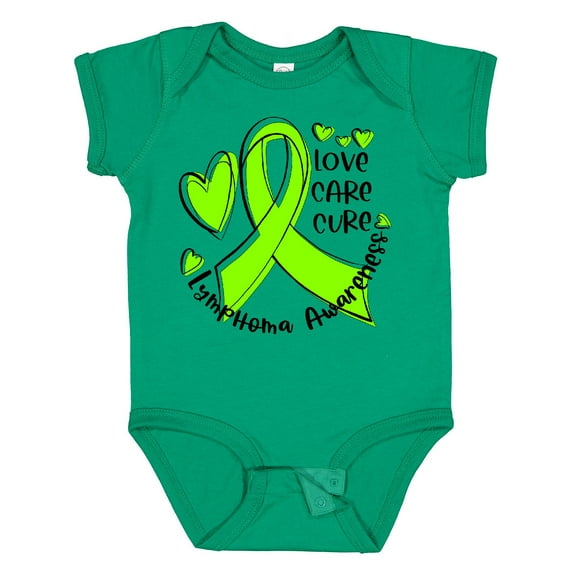 Inktastic Love, Care, Cure Lymphoma Awareness Lime Green Ribbon Hearts Boys or Girls Baby Bodysuit