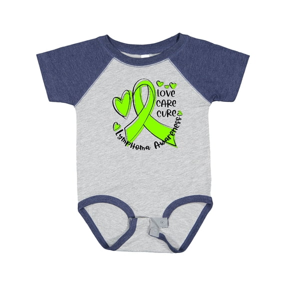 Inktastic Love, Care, Cure Lymphoma Awareness Lime Green Ribbon Hearts Boys or Girls Baby Bodysuit