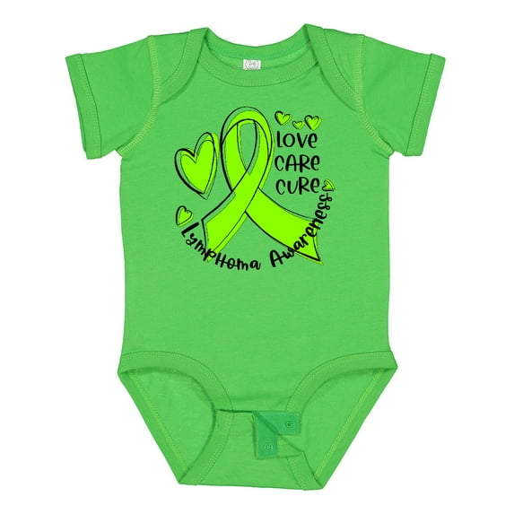 Inktastic Love, Care, Cure Lymphoma Awareness Lime Green Ribbon Hearts Boys or Girls Baby Bodysuit