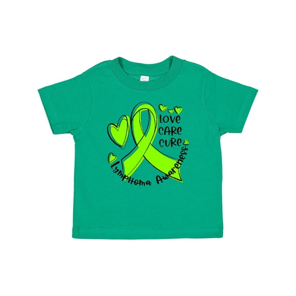 Inktastic Love, Care, Cure Lymphoma Awareness Lime Green Ribbon Hearts Boys or Girls Baby T-Shirt
