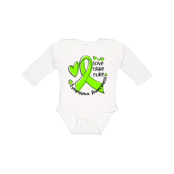 Inktastic Love, Care, Cure Lymphoma Awareness Lime Green Ribbon Hearts Boys or Girls Long Sleeve Baby Bodysuit