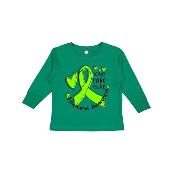 Inktastic Love, Care, Cure Lymphoma Awareness Lime Green Ribbon Hearts Boys or Girls Long Sleeve Toddler T-Shirt