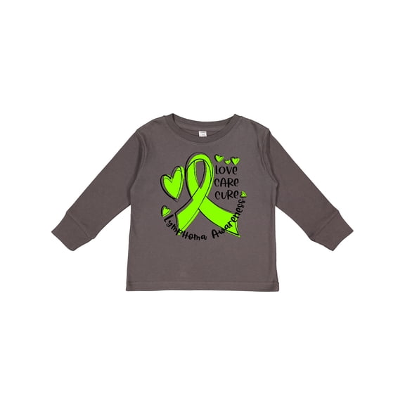 Inktastic Love, Care, Cure Lymphoma Awareness Lime Green Ribbon Hearts Boys or Girls Long Sleeve Toddler T-Shirt
