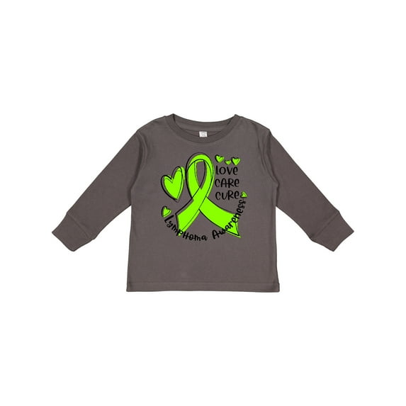 Inktastic Love, Care, Cure Lymphoma Awareness Lime Green Ribbon Hearts Boys or Girls Long Sleeve Toddler T-Shirt