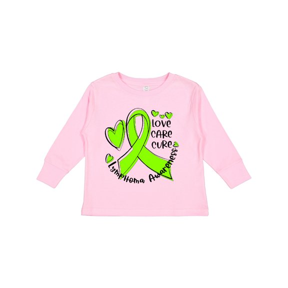 Inktastic Love, Care, Cure Lymphoma Awareness Lime Green Ribbon Hearts Boys or Girls Long Sleeve Toddler T-Shirt
