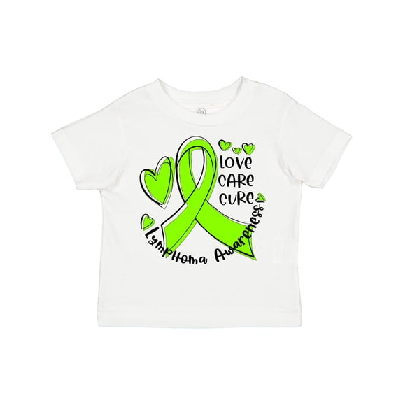 Inktastic Love, Care, Cure Lymphoma Awareness Lime Green Ribbon Hearts Boys or Girls Toddler T-Shirt