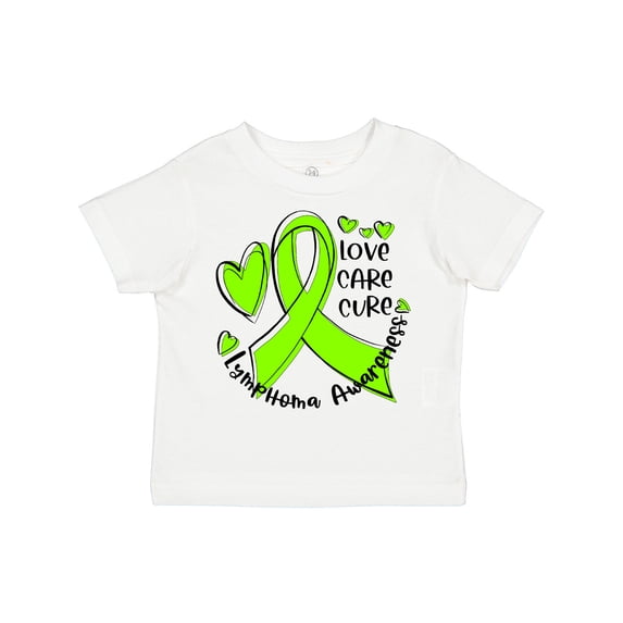 Inktastic Love, Care, Cure Lymphoma Awareness Lime Green Ribbon Hearts Boys or Girls Toddler T-Shirt
