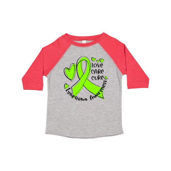 Inktastic Love, Care, Cure Lymphoma Awareness Lime Green Ribbon Hearts Boys or Girls Toddler T-Shirt