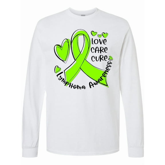 Inktastic Love, Care, Cure Lymphoma Awareness Lime Green Ribbon Hearts Long Sleeve T-Shirt