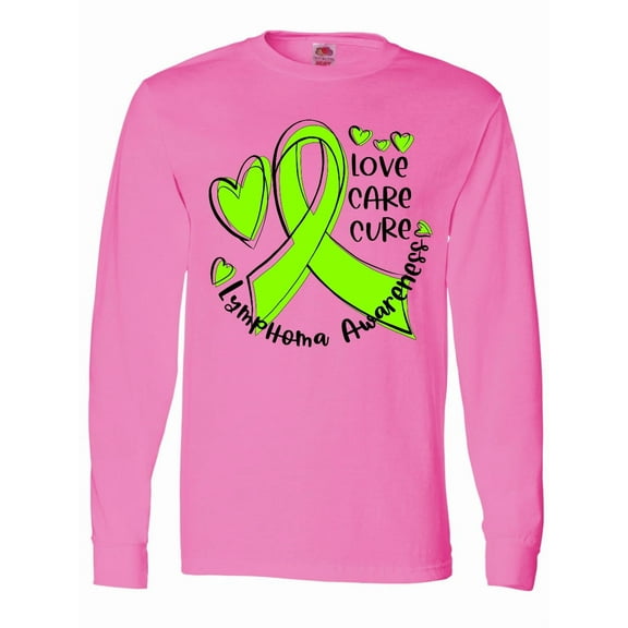 Inktastic Love, Care, Cure Lymphoma Awareness Lime Green Ribbon Hearts Long Sleeve T-Shirt