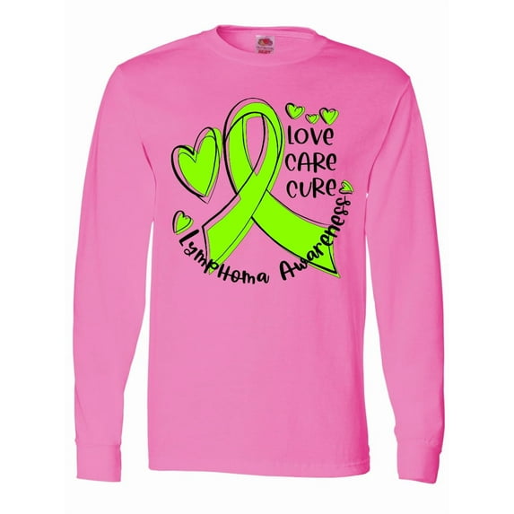 Inktastic Love, Care, Cure Lymphoma Awareness Lime Green Ribbon Hearts Long Sleeve T-Shirt