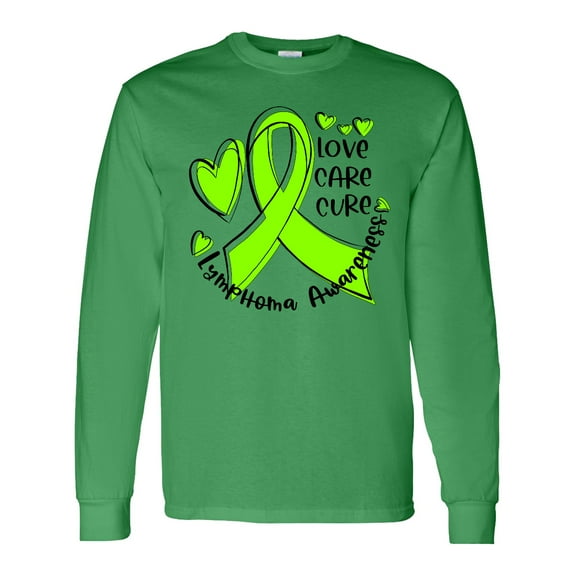 Inktastic Love, Care, Cure Lymphoma Awareness Lime Green Ribbon Hearts Long Sleeve T-Shirt