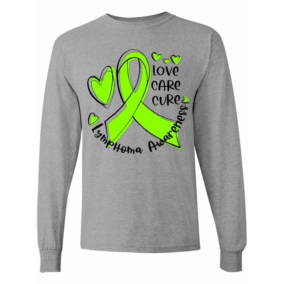 Inktastic Love, Care, Cure Lymphoma Awareness Lime Green Ribbon Hearts Long Sleeve T-Shirt